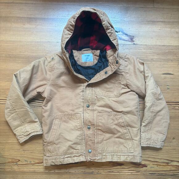 Carter’s beige canvas cargo buffalo plaid lined hooded boy coat SIZE L - Picture 1 of 7